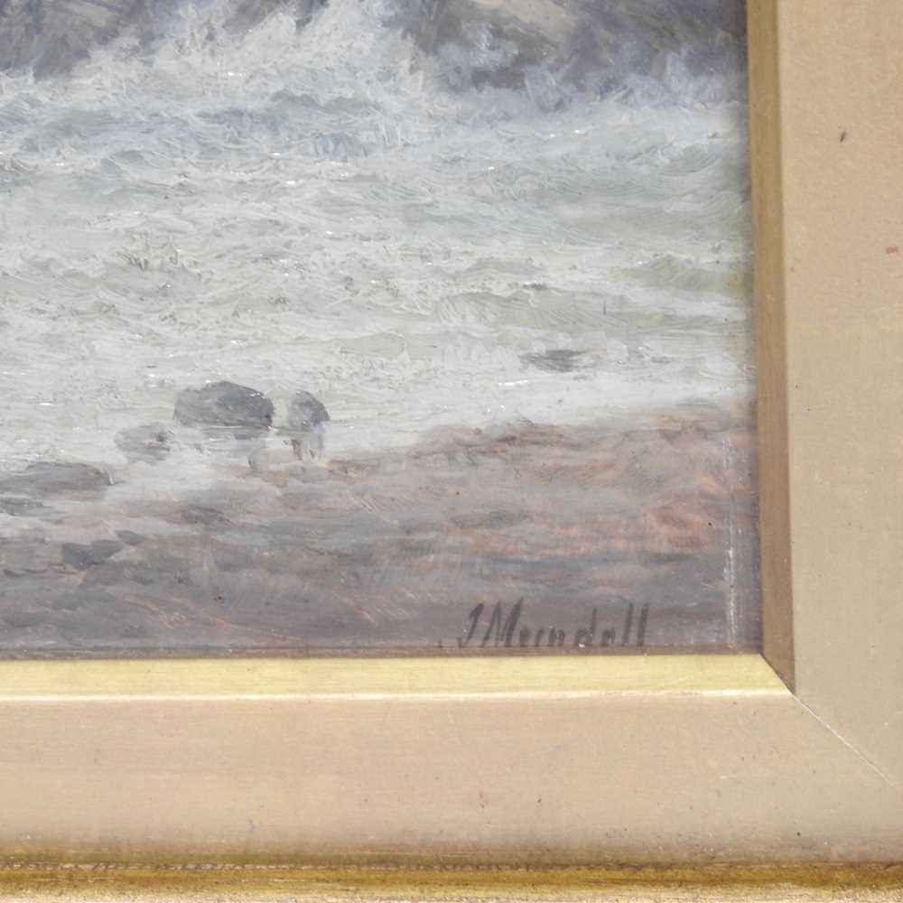 John Mundell, 1818-1875, ships off a rocky coast, signed oil on panel, a pair, 31 x 20cm (2) - Image 4 of 6