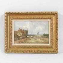 Charles Vickers, 1821-1895, village scene with church, signed oil on canvas, 19 x 27cm