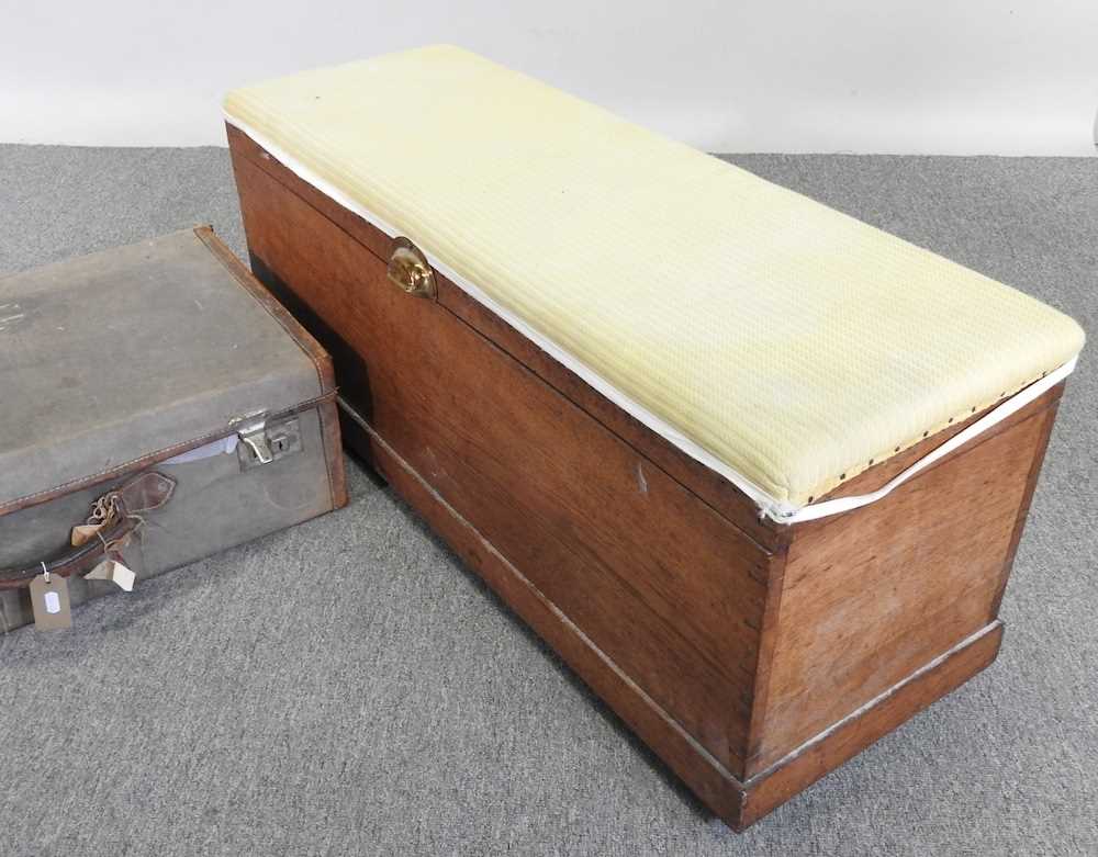 An early 20th century suitcase, together with a Victorian ottoman, with a padded top (2) - Image 4 of 5