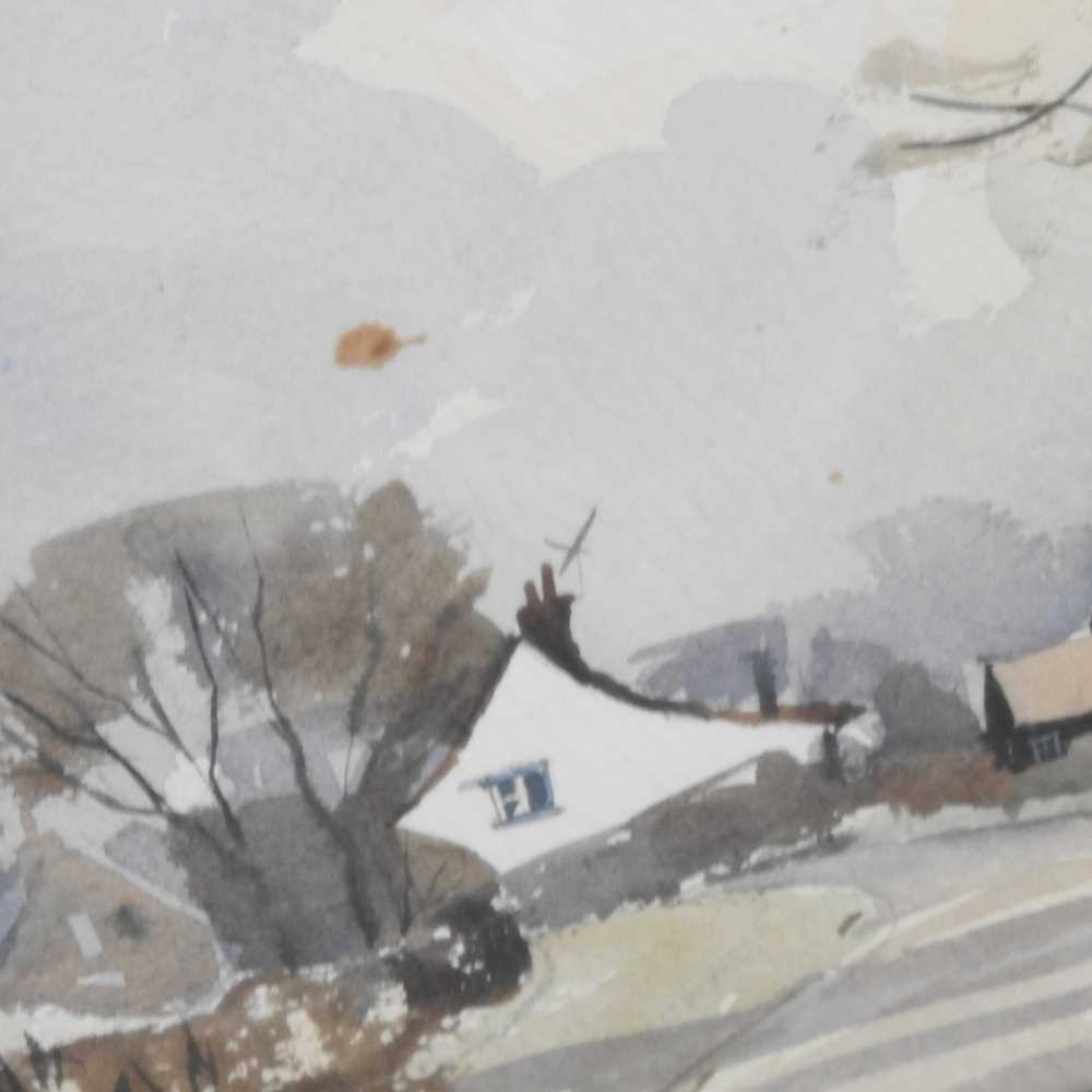 John Tookey, b1947, A Bridge, Essex, signed watercolour, 28 x 43cm, bearing a label for The Mall - Image 4 of 6