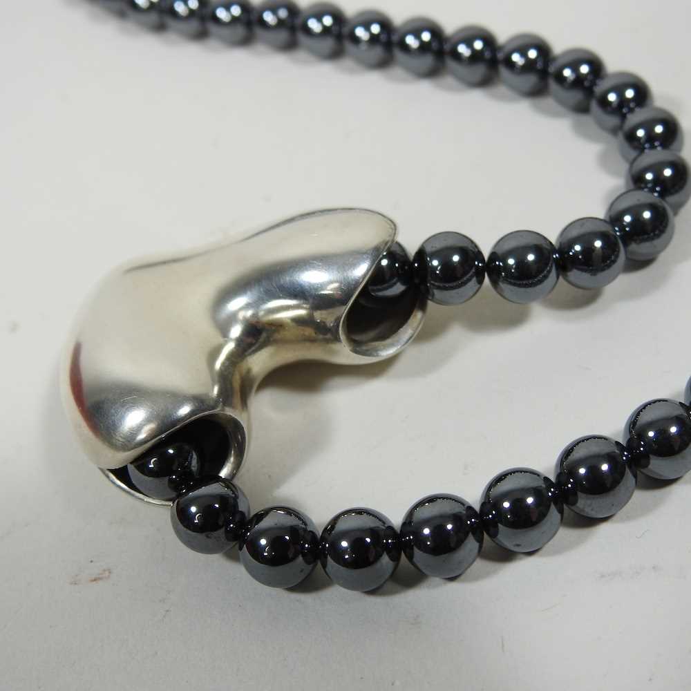 A Georg Jensen silver and hematite bead necklace, suspended with a silver heart shaped pendant, 38mm - Image 2 of 5