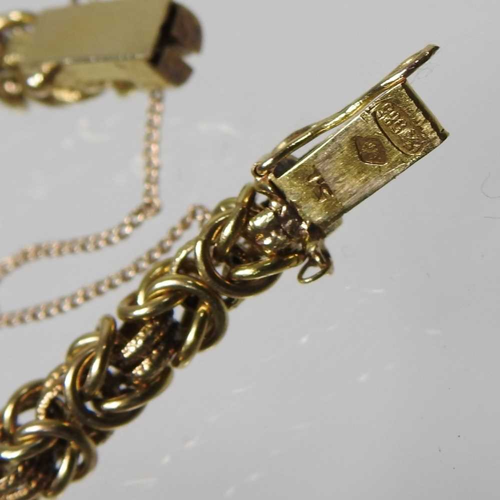 A 14 carat gold fancy link bracelet, the clasp with safety chain, stamped 585, 9g, 20cm long - Image 3 of 3