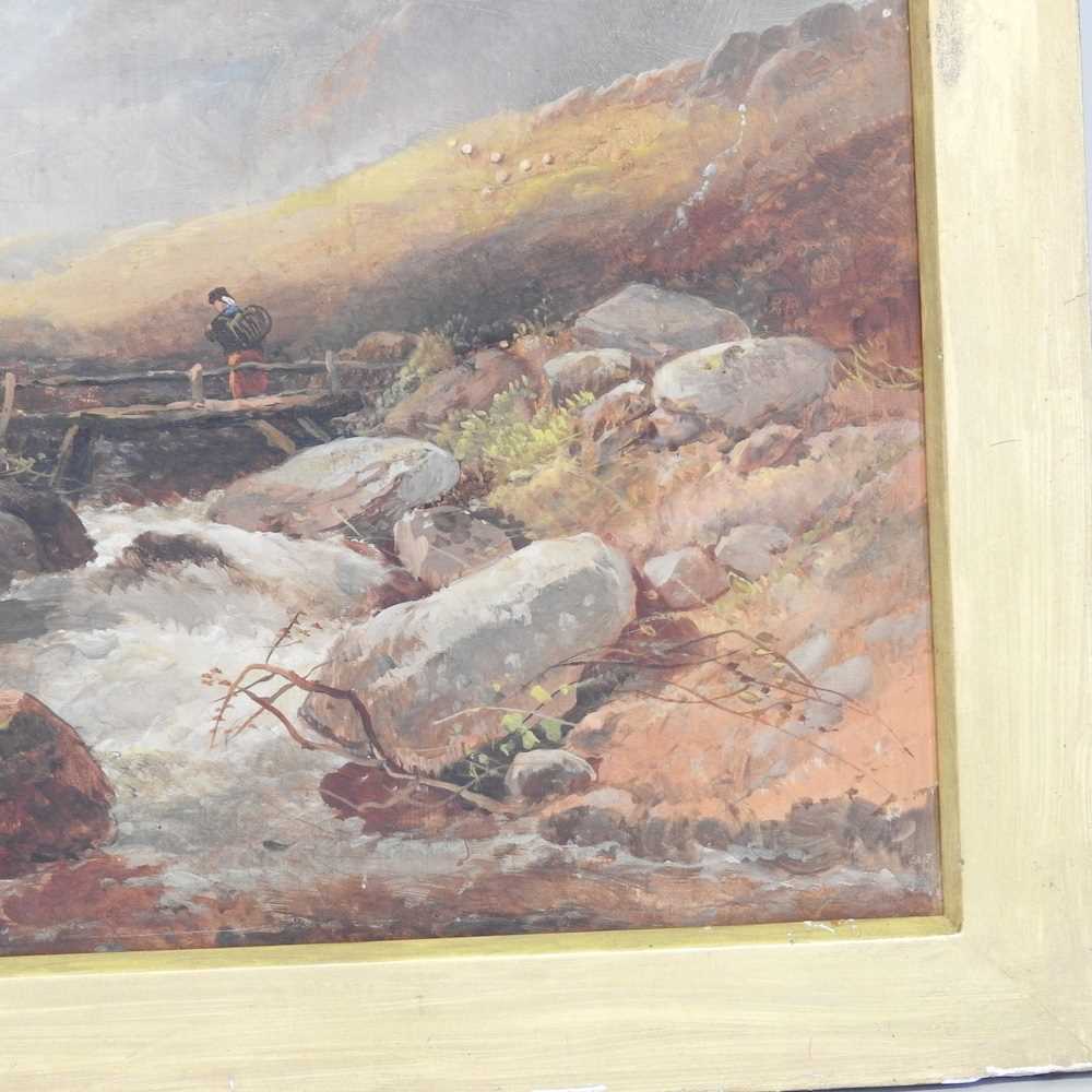 Joseph Horler, 1809-1887, river landscape with figure on a bridge, signed oil on canvas, 55 x 45cm - Image 3 of 4
