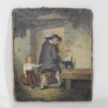 English school, 19th century, figures and cat at a cottage door, oil on canvas, 31 x 26cm,