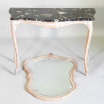 A carved wooden and limed console table, with a shaped marble top, 103cm wide, together with a