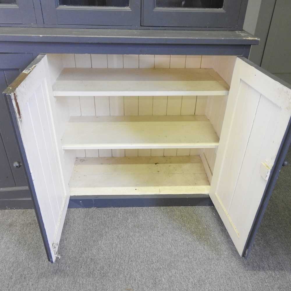 A large dark blue painted dresser, with a glazed upper section and panelled doors below 188w x 43d x - Image 3 of 6