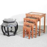 A mid 20th century Japanese nest of occasional tables, with coloured hardstone decoration, 51cm