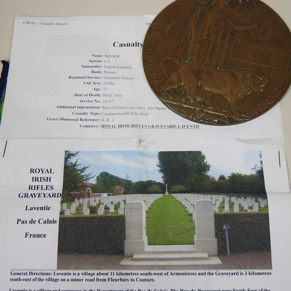 A World War I memorial plaque, awarded to Charles Ernest Squier, (Squire) 12cm diameter, together - Image 2 of 9