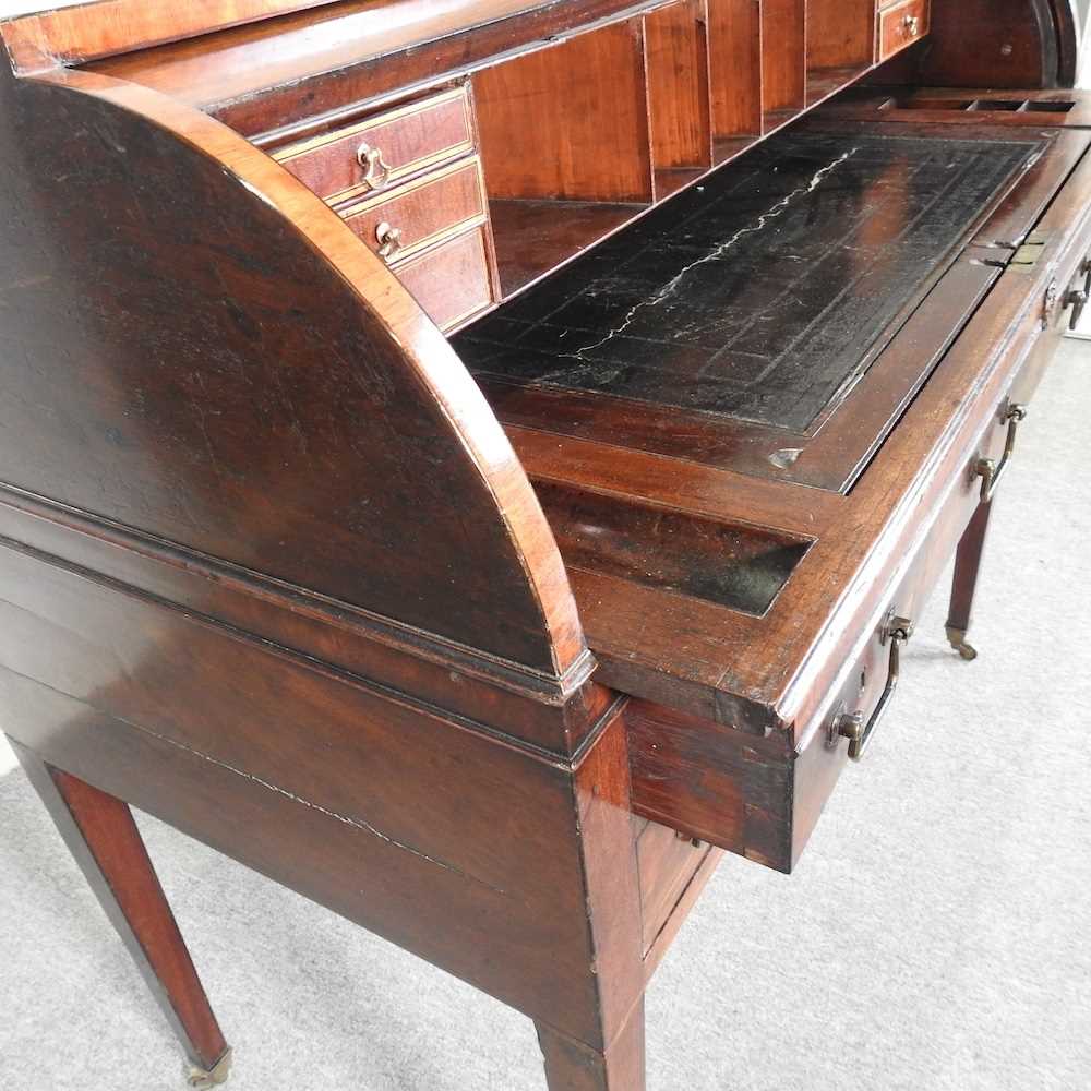 A George III mahogany cylinder desk, with satinwood inlay and ebony stringing, the fitted interior - Image 5 of 11