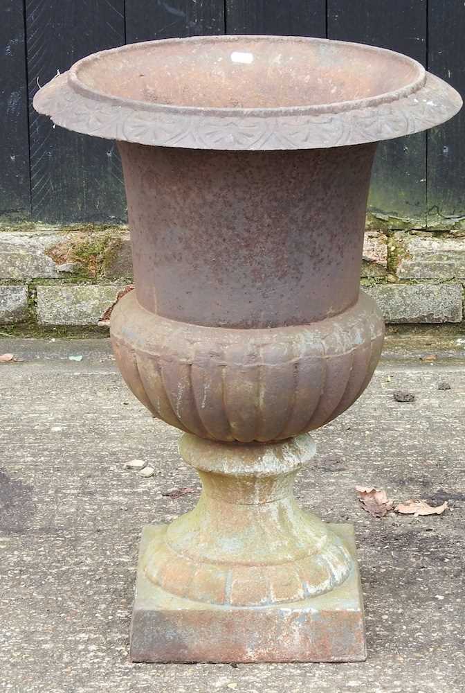 A large cast iron garden urn, of campana shape, 67cm high - Image 3 of 6