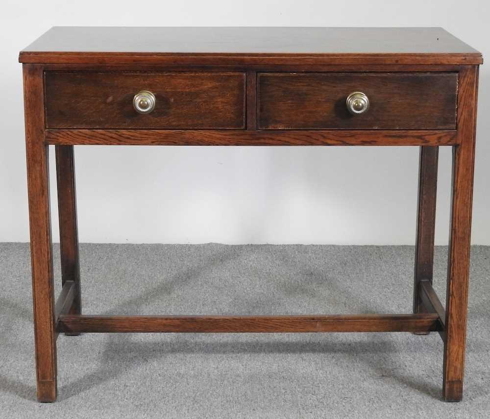 An early 20th century oak side table, containing two short drawers 99w x 50d x 82h cm - Image 3 of 5