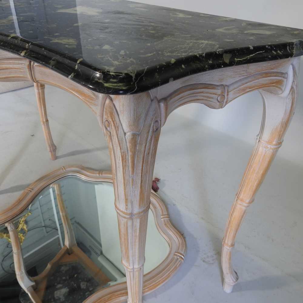 A carved wooden and limed console table, with a shaped marble top, 103cm wide, together with a - Image 2 of 4