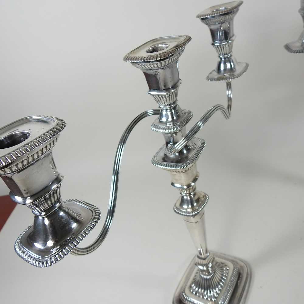 A pair of silver plated twin branch table candelabra, with gadrooned decoration, 38cm high - Image 2 of 5