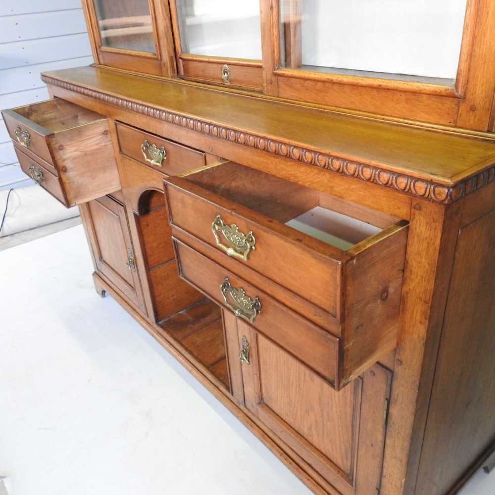 A late Victorian light oak dog kennel dresser, with a glazed plate rack, containing an arrangement - Image 6 of 12