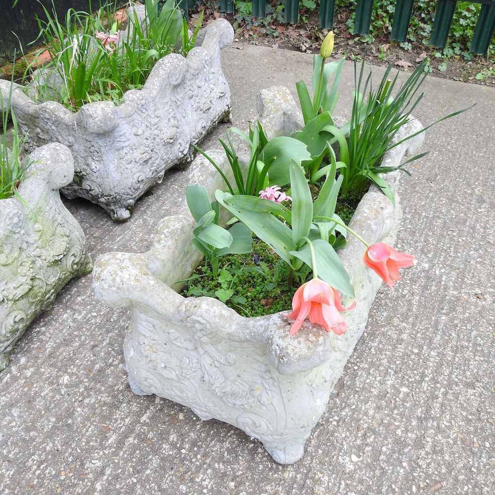 A set of three cast stone garden troughs, 65cm wide (3) 66w x 36d x32h cm - Image 3 of 4