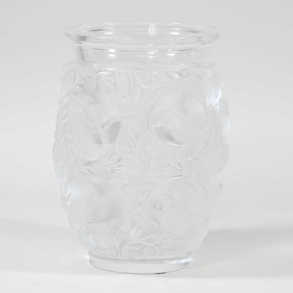 Rene Lalique (1860-1945) a frosted glass Bagatelle pattern vase, etched mark to base, 17cm high