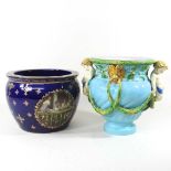 A Minton style majolica jardiniere, 26cm high, together with a Royal Limoges jardiniere, reserved