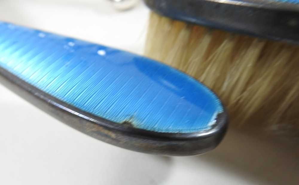 An early 20th century blue enamelled silver dressing table set, together with two silver plated - Image 2 of 6