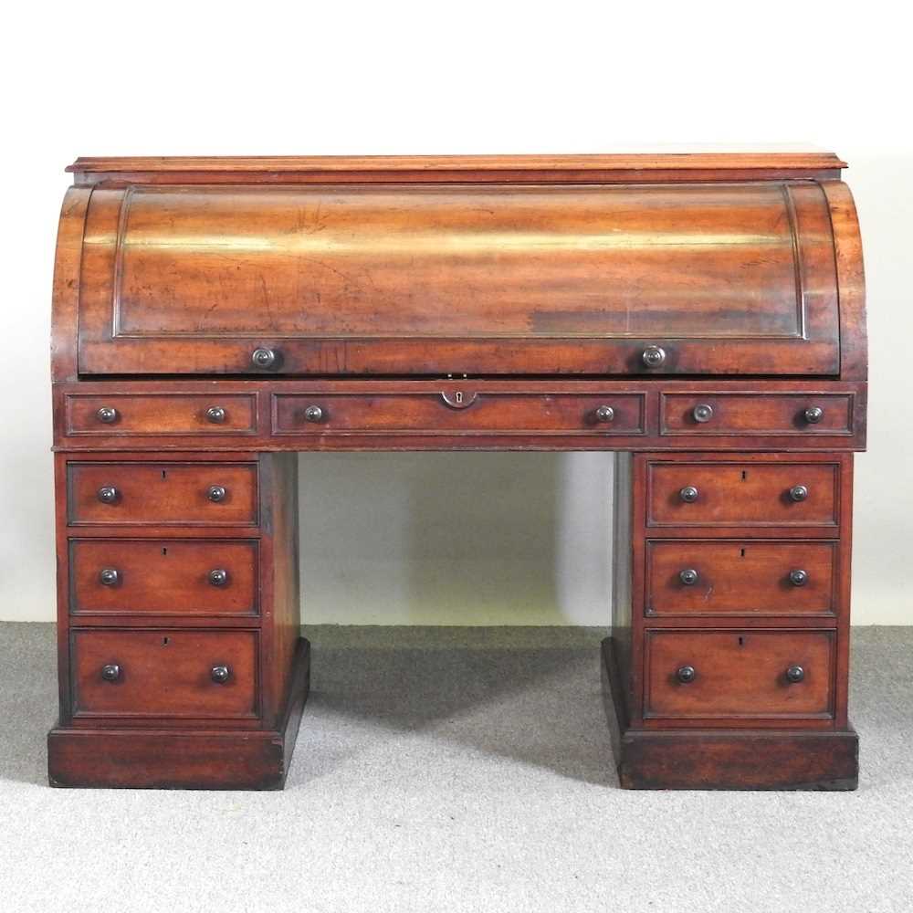 A large Victorian mahogany cylinder desk, the fitted interior with a sloping writing surface, on a - Image 6 of 7