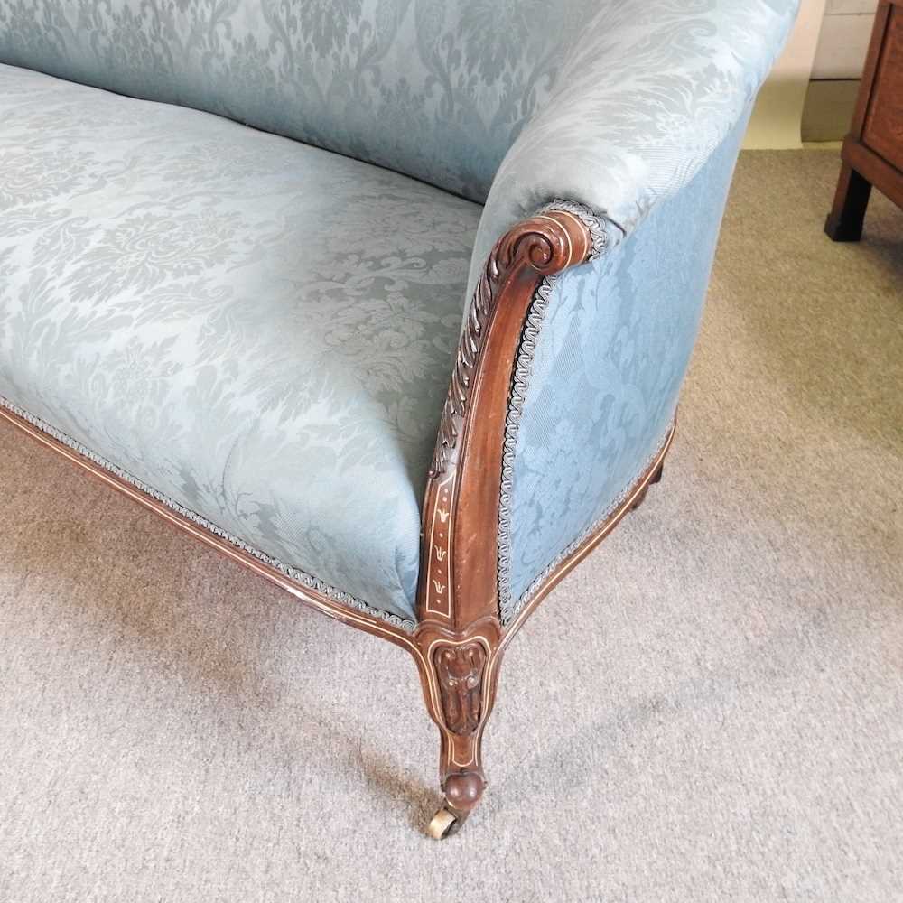 A 19th century carved mahogany and blue upholstered hump back show frame sofa, on cabriole legs 180w - Image 3 of 8