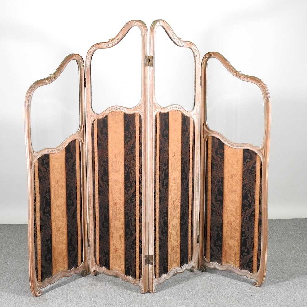 An early 20th century French four-fold screen, with glass panels 180w overall x 150h cm