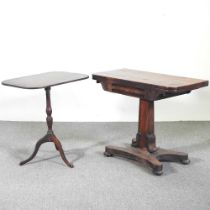 An early 19th century mahogany folding card table, 91cm wide, together with a 19th century tripod