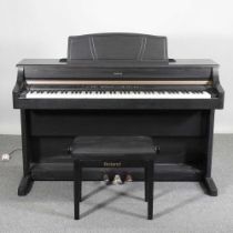 A Roland digital piano, HP107e, 141cm wide, with a piano stool