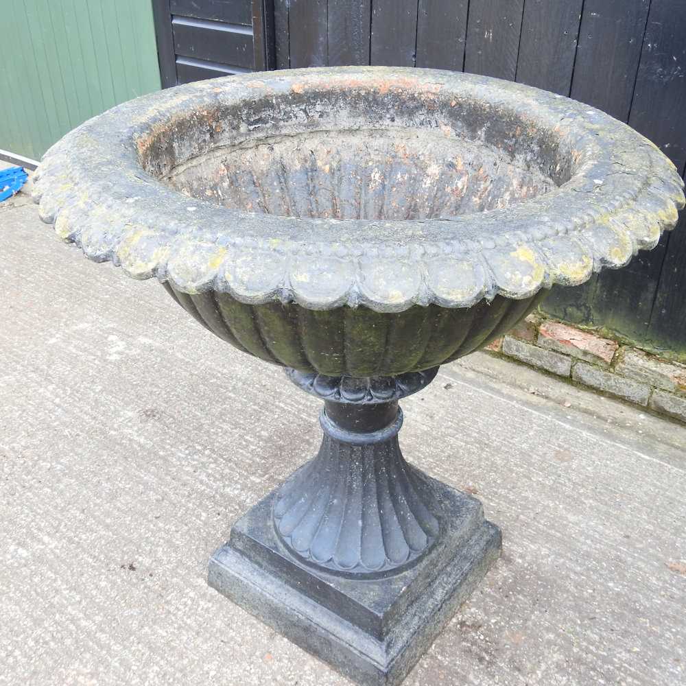 A large black painted cast iron garden planter, of fluted pedestal design 97d x 93h cm - Image 4 of 4