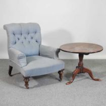 A Victorian blue upholstered button back armchair, on turned legs, together with an occasional