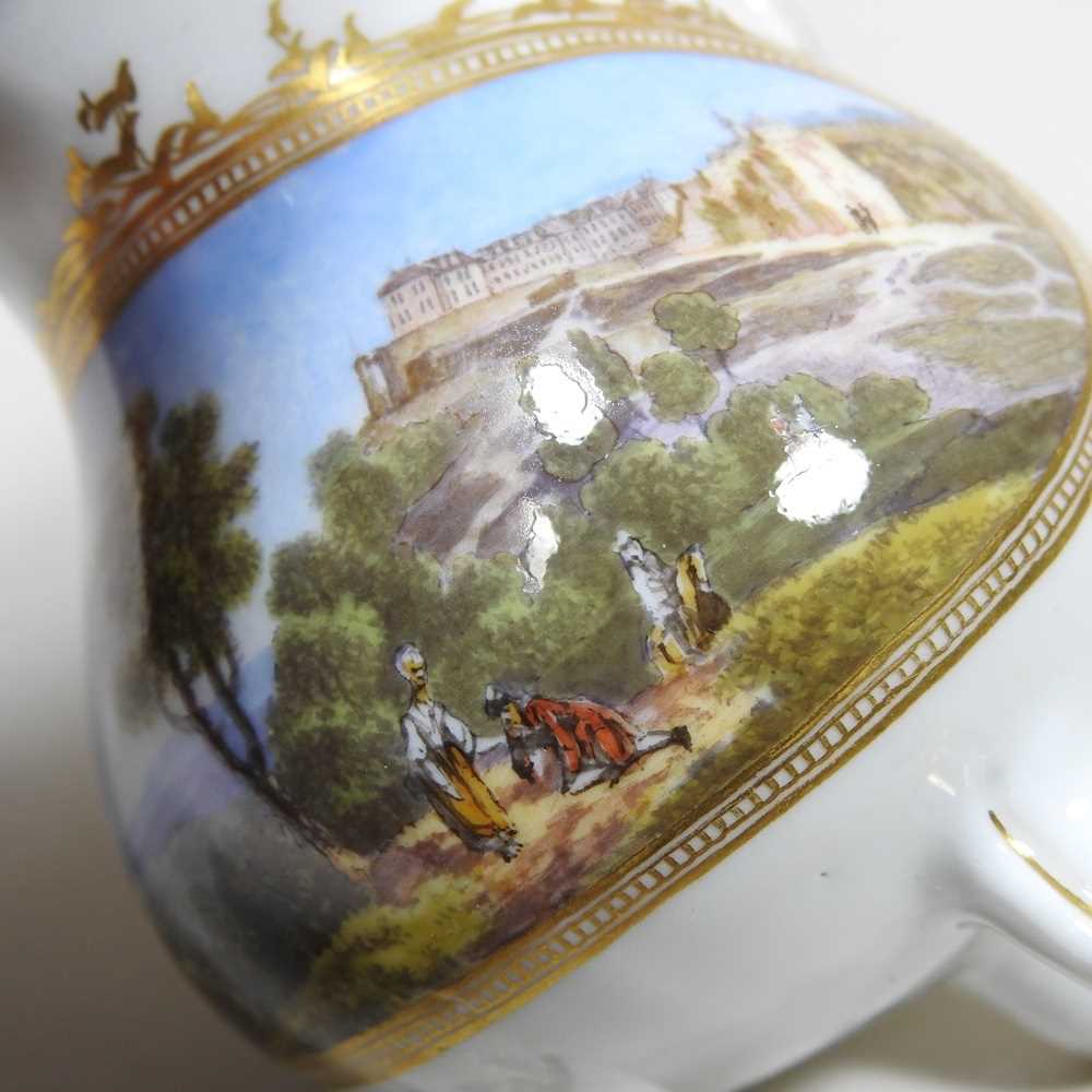 A 19th century Meissen style porcelain cream jug, reserved with a Veduta landscape, within a gilt - Image 2 of 6