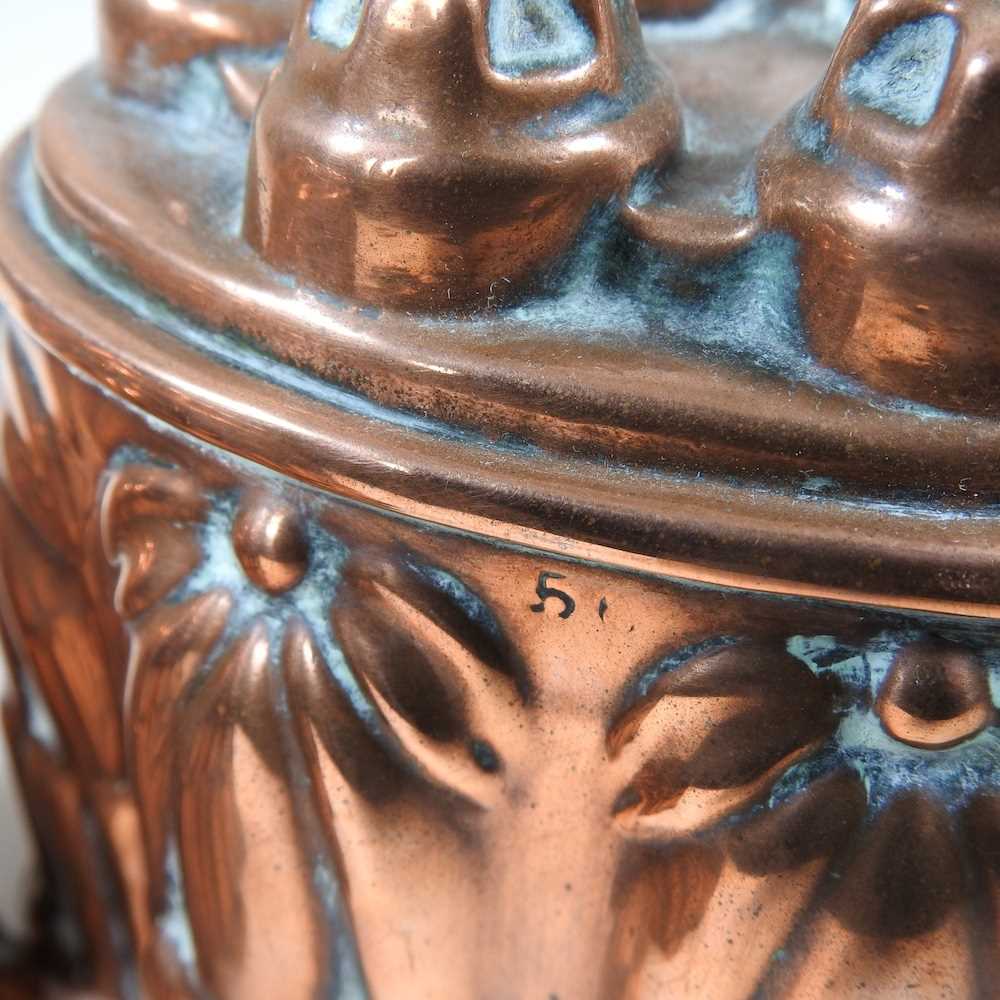 A Victorian copper jelly mould, stamped H. L. & Co, 12cm high, together with another similar and a - Image 8 of 8