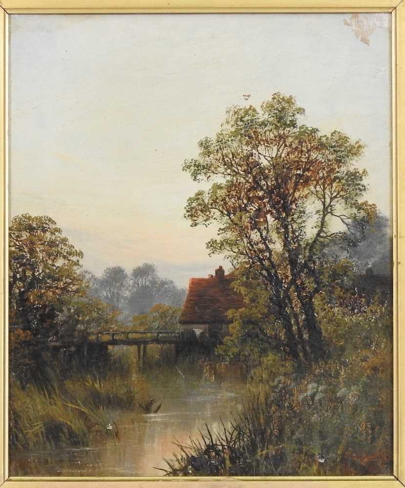 R. Smyth, 19th century, wooded river landscape with bridge, signed oil on canvas, 30 x 24cm - Image 3 of 5