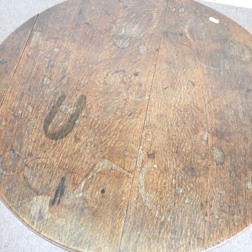 A 19th century and later oak cricket table, with a circular top, on a splayed base 74d x 68h cm - Image 3 of 9
