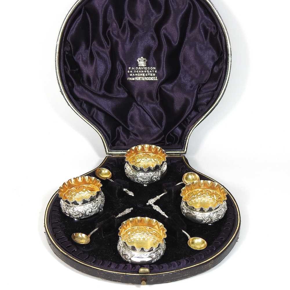 A set of four Victorian silver open salts, each of circular shape with a crimped rim, together