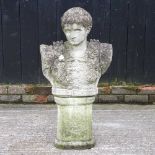 A cast stone garden bust of a Roman Emperor, on a pedestal base, 88cm high overall