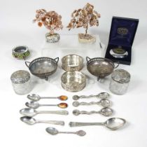 A collection of silver and silver plate, to include a Dalvey Voyager clock, cased and hardstone