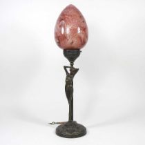 An Art Nouveau style table lamp, with a mottled glass shade, 47cm high