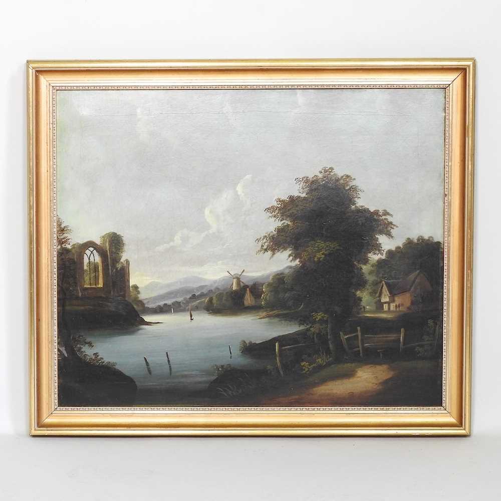 Norwich school, 19th century, river landscape with abbey ruins, oil on canvas, 50 x 60cm