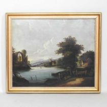 Norwich school, 19th century, river landscape with abbey ruins, oil on canvas, 50 x 60cm