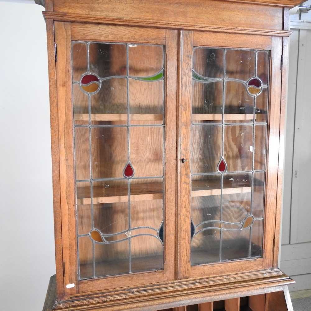 An early 20th century oak bureau bookcase, with stained leaded glass 92w x 41d x 206h cm - Image 5 of 8