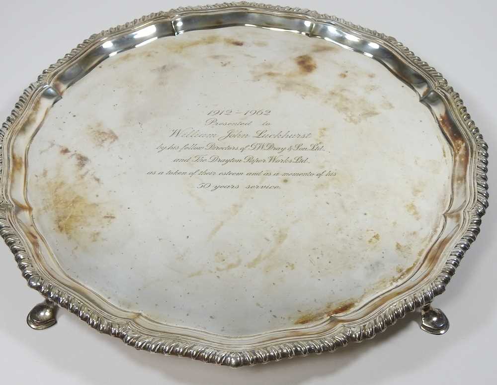 A 20th century silver salver, of circular shape, with a gadrooned border, on hoof feet, London 1962, - Image 3 of 5