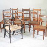 A harlequin set of seven 19th century elm seated dining chairs, together with an early 20th