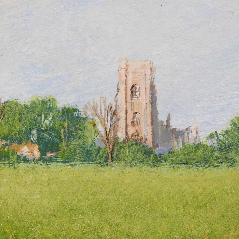 Clive Madgwick, RBA, 1934-2005, landscape with Lavenham Church in the distance, signed oil on board, - Image 4 of 7