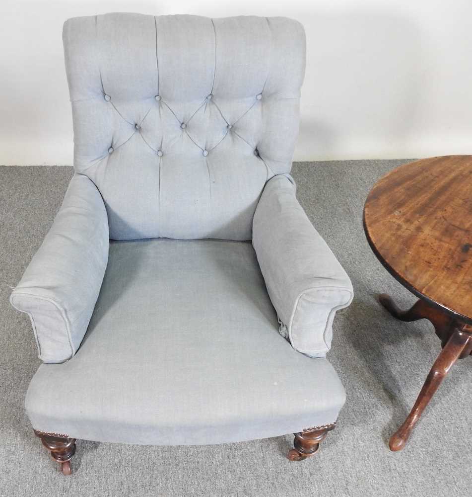 A Victorian blue upholstered button back armchair, on turned legs, together with an occasional - Image 3 of 6