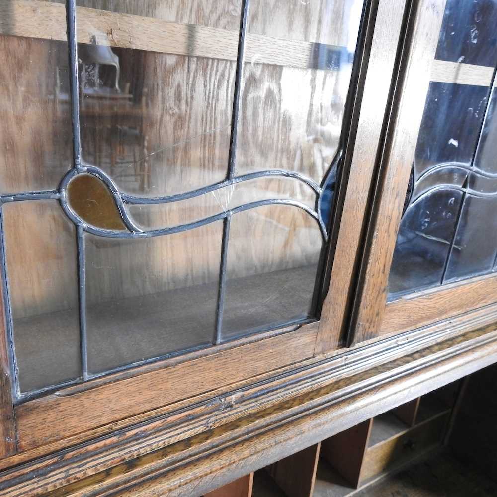 An early 20th century oak bureau bookcase, with stained leaded glass 92w x 41d x 206h cm - Image 4 of 8