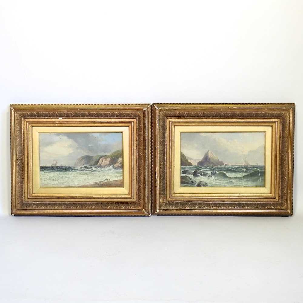 John Mundell, 1818-1875, ships off a rocky coast, signed oil on panel, a pair, 31 x 20cm (2)