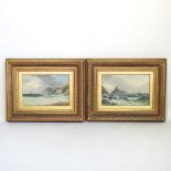 John Mundell, 1818-1875, ships off a rocky coast, signed oil on panel, a pair, 31 x 20cm (2)