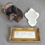 A Victorian copper coal scuttle, together with a relief plaque and a cream painted wall mirror (3)