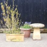 A cast stone bird bath, together with a terracotta trough and a garden pot (3) 50w x 54h cm