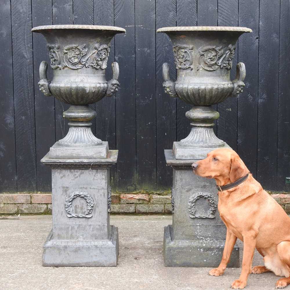 A pair of impressive black painted cast iron garden urns, each of classical design, with an acanthus - Image 3 of 9